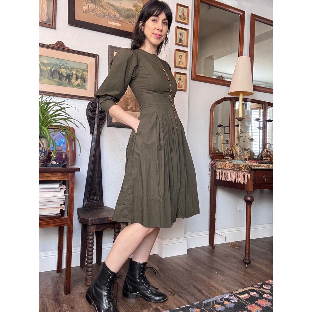 Ulla Johnson Olive Green Cotton Poplin Button Front Pleated Midi Dress Pockets 0 - Picture 3 of 8